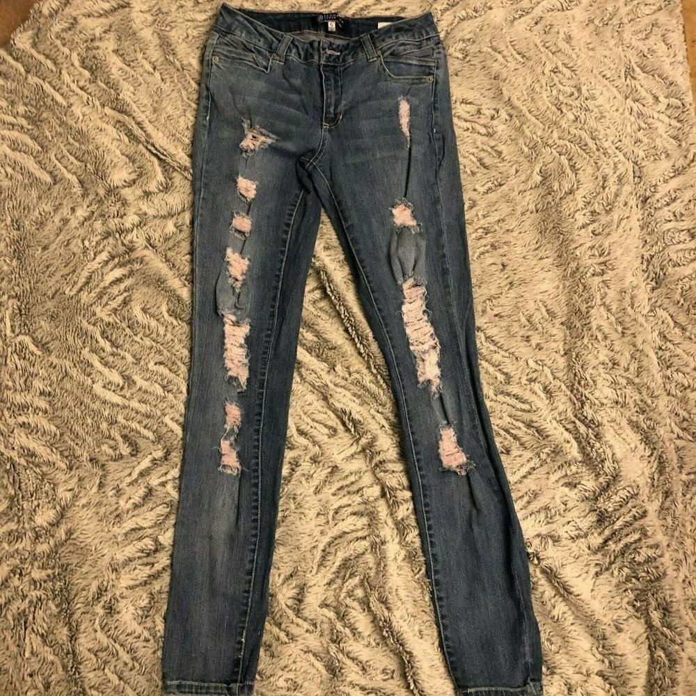 Boom Boom Skinny Jeans Women's 5 Blue Cotton Blend Low Rise Distressed